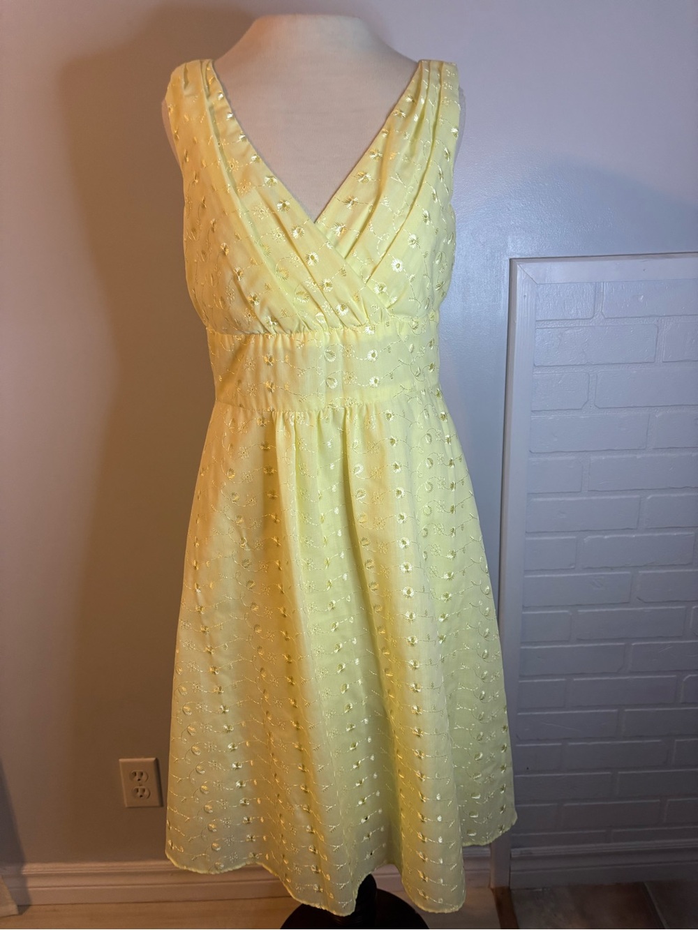 Tiana B. Yellow Eyelet V-Neck Midi Dress